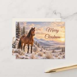 冬の野生の馬 クリスマスの雪 シーズンポストカード