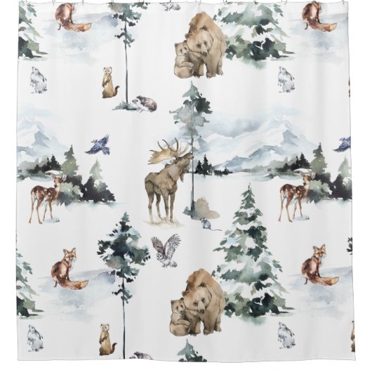 冬の野生動物の森林動物 シャワーカーテン (正面)
