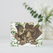 冬の野生動物アートブラックベアーマザーとカブ ポストカード (スタンド正面)