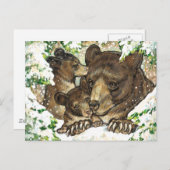 冬の野生動物アートブラックベアーマザーとカブ ポストカード (正面/裏面)
