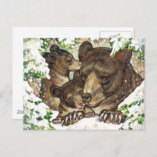 冬の野生動物アートブラックベアーマザーとカブ ポストカード (正面/裏面)