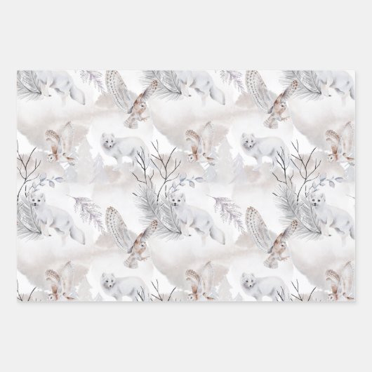 冬の野生動物キツネの鳥たちが季節の緑を見る ラッピングペーパーシート (正面3)
