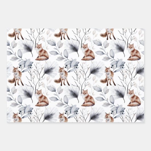 冬の野生動物キツネの鳥たちが季節の緑を見る ラッピングペーパーシート (正面)