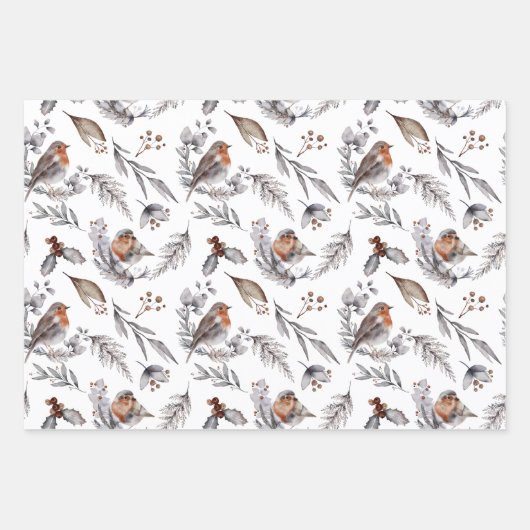 冬の野生動物キツネの鳥たちが季節の緑を見る ラッピングペーパーシート (正面3)