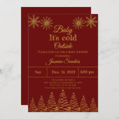 冬の金ゴールドとブルゴーニュ雪片ベビーシャワーInv 招待状 (正面/裏面)