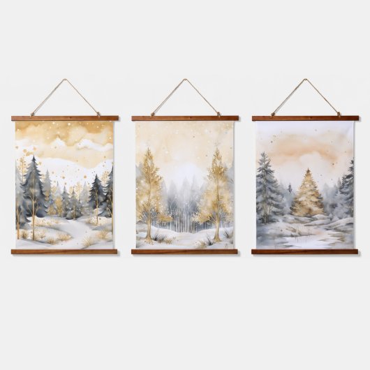 冬の金ゴールドと灰色の森の木々の雪の輝き 吊り下げ型タペストリー (トリプル)