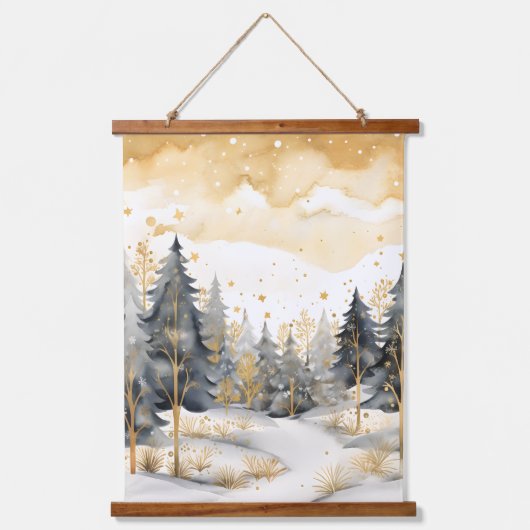 冬の金ゴールドと灰色の森の木々の雪の輝き 吊り下げ型タペストリー (正面)