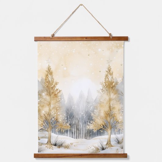冬の金ゴールドと灰色の森の木々の雪の輝き 吊り下げ型タペストリー (正面2)