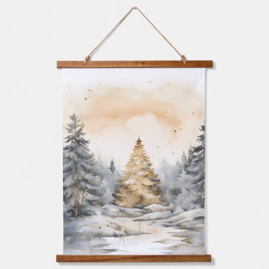 冬の金ゴールドと灰色の森の木々の雪の輝き 吊り下げ型タペストリー (正面3)