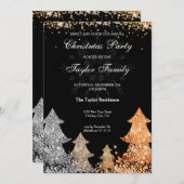冬の金ゴールドグリッタークリスマスツリーパーティーの招待 招待状 (正面/裏面)