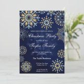 冬の金ゴールドネイビー水色の雪のクリスマスパーティーI 招待状 (スタンド正面)