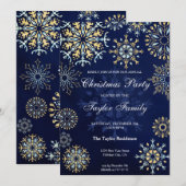 冬の金ゴールドネイビー水色の雪のクリスマスパーティーI 招待状 (正面/裏面)