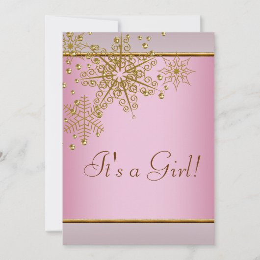 冬の金ゴールドピンクスノーフレーク赤ちゃんガールシャワー 招待状 (正面)
