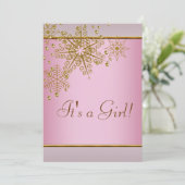 冬の金ゴールドピンクスノーフレーク赤ちゃんガールシャワー 招待状 (スタンド正面)