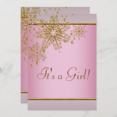 冬の金ゴールドピンクスノーフレーク赤ちゃんガールシャワー 招待状 (正面/裏面)