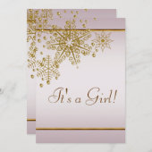 冬の金ゴールドピンクスノーフレーク赤ちゃんガールシャワー 招待状 (正面/裏面)