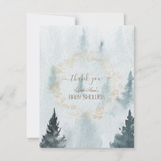 冬の金ゴールドフレームフォレストフォトベビーシャワー サンキューカード (裏面)