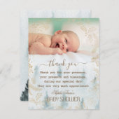 冬の金ゴールドフレームフォレストフォトベビーシャワー サンキューカード (正面/裏面)