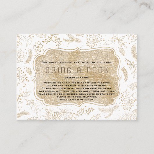 冬の金ゴールドフレーム写真ベビーシャワー本を持って来る エンクロージャーカード (正面)