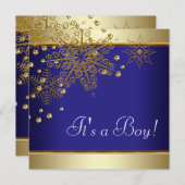 冬の金ゴールドブルースノーフレーク男の赤ちゃんシャワー 招待状 (正面/裏面)