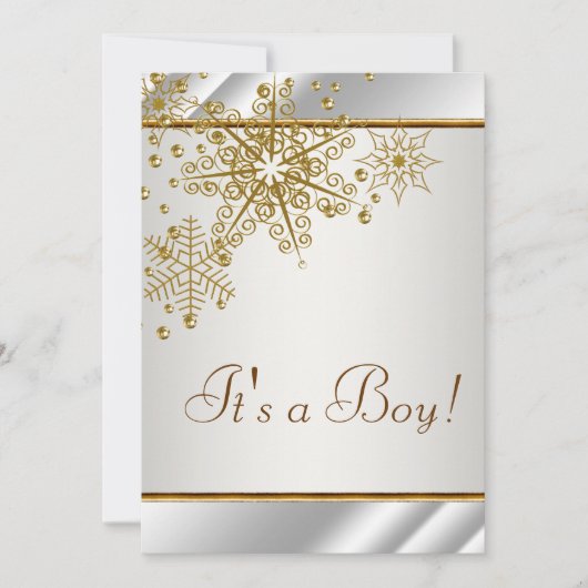 冬の金ゴールドホワイトスノーフレーク男の赤ちゃんシャワー 招待状 (正面)