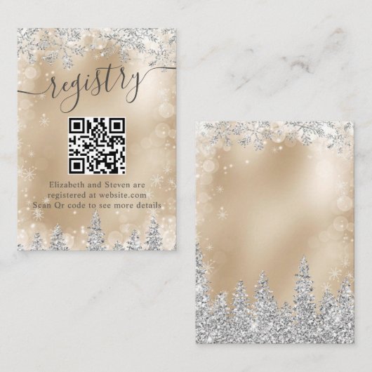 冬の金ゴールドワンダーランドブライダルシャワーQRレジストリ エンクロージャーカード (正面/裏面)