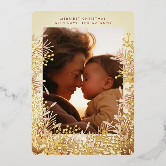 冬の金ゴールド水色クリスマスベリー写真 箔シーズンカード (正面)