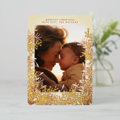 冬の金ゴールド水色クリスマスベリー写真 箔シーズンカード (立ち正面)