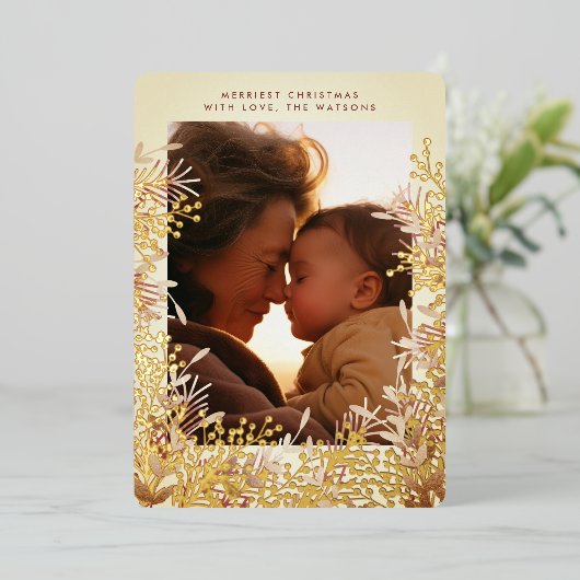 冬の金ゴールド水色クリスマスベリー写真 箔シーズンカード (立ち正面)