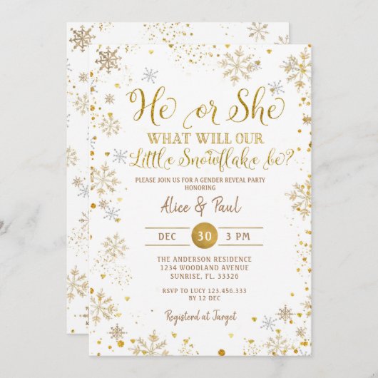 冬の金ゴールド男女がパーティー 招待状 (正面/裏面)