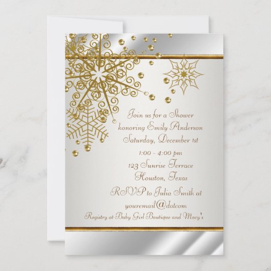 冬の金ゴールド白い雪片ベビーガールシャワー 招待状 (裏面)
