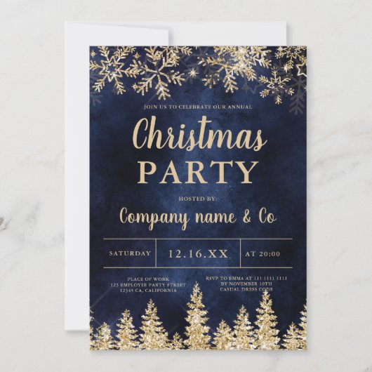 冬の金ゴールド雪の松のネイビー企業のクリスマス 招待状 (正面)