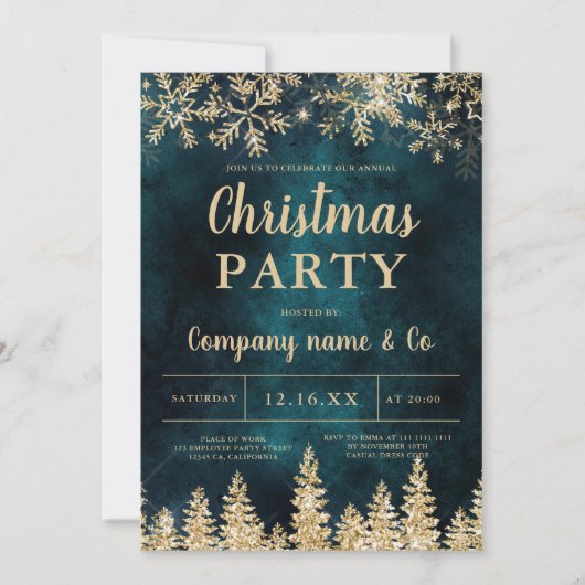 冬の金ゴールド雪の松の緑の企業のクリスマス 招待状 (正面)