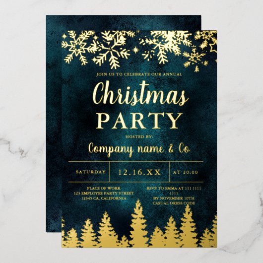 冬の金ゴールド雪の松の緑の企業のクリスマス 箔シーズンカード (正面/裏面)