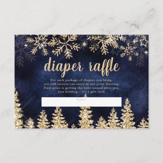 冬の金ゴールド雪の松ネイビーブおむつラッフルベビー エンクロージャーカード (正面)