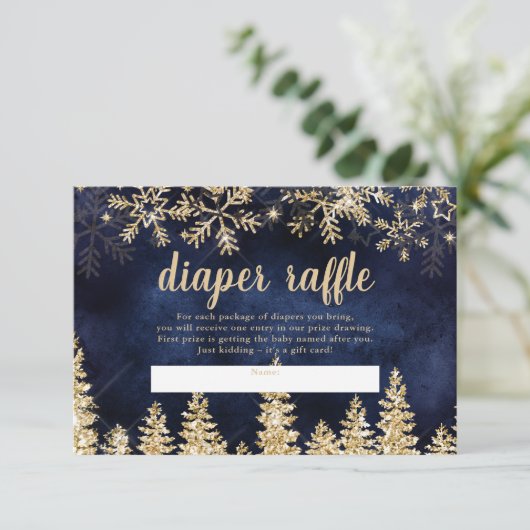冬の金ゴールド雪の松ネイビーブおむつラッフルベビー エンクロージャーカード (スタンド正面)