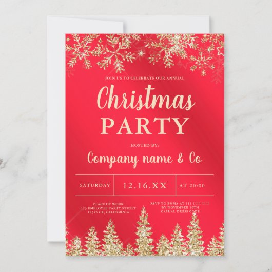 冬の金ゴールド雪は赤いクリスマス企業のを松に咲く 招待状 (正面)