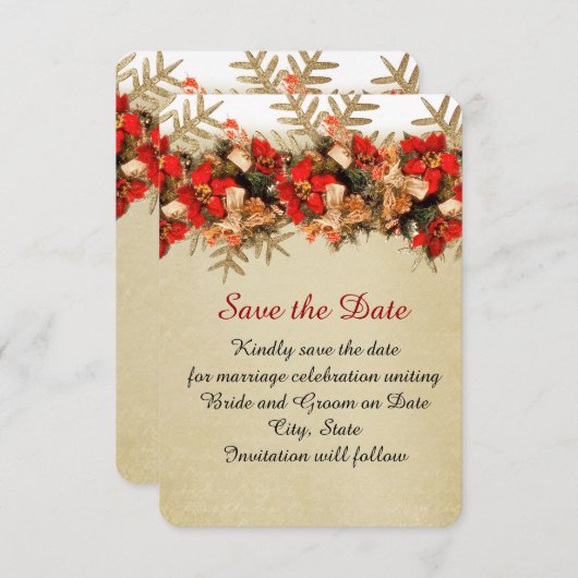 冬の金ゴールド/赤のオーナメント日付を保存 セーブザデート (正面/裏面)