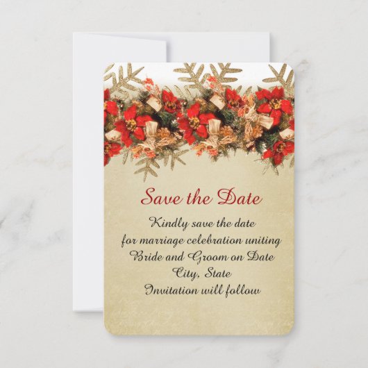 冬の金ゴールド/赤のオーナメント日付を保存 セーブザデート (正面)