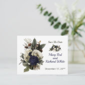 冬の針葉樹フローラ牡丹ウェディング日付を保存 ポストカード (スタンド正面)