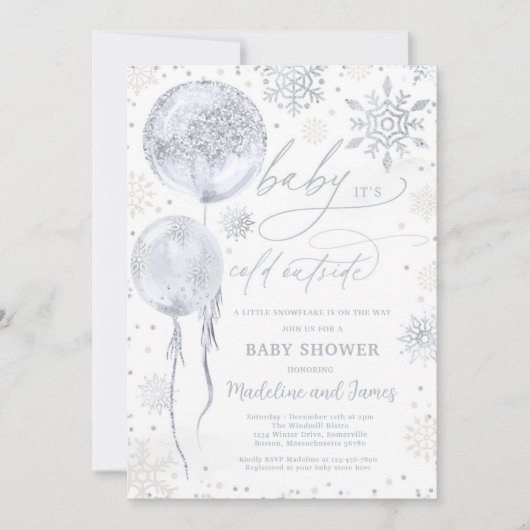 冬の銀のスノーフレーク男女兼用の赤ちゃんシャワー 招待状 (正面)