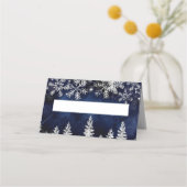 冬の銀の雪の松のネイビー企業のクリスマス プレイスカード (正面)