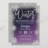 冬の銀の雪の結晶パープルベビーシャワー 招待状 (正面/裏面)