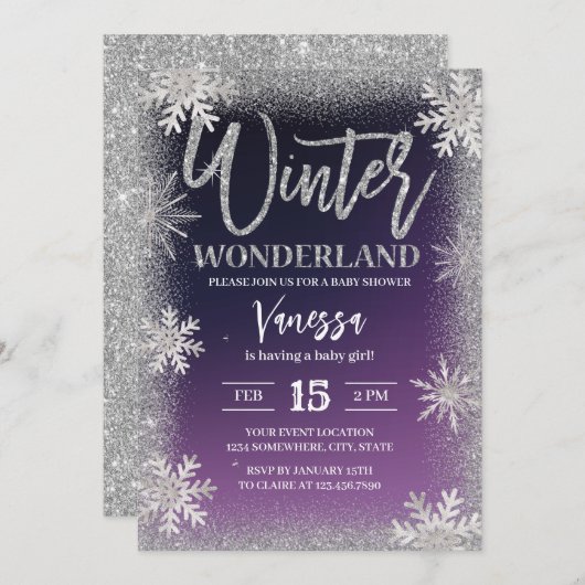冬の銀の雪の結晶パープルベビーシャワー 招待状 (正面/裏面)