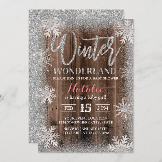 冬の銀の雪片バームウッドベビーシャワー 招待状 (正面/裏面)