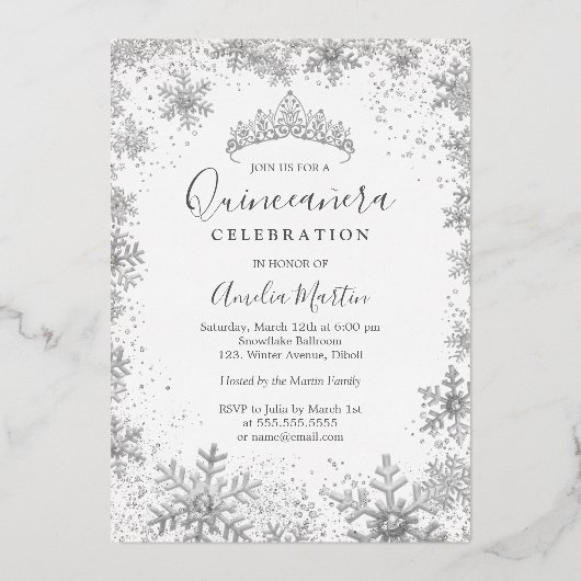 冬の銀スノーフレーク写真キンセアニェラ 箔招待状 (裏面)