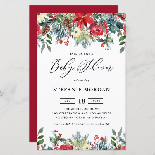 冬の開花フローラベビーシャワー招待状 (正面/裏面)