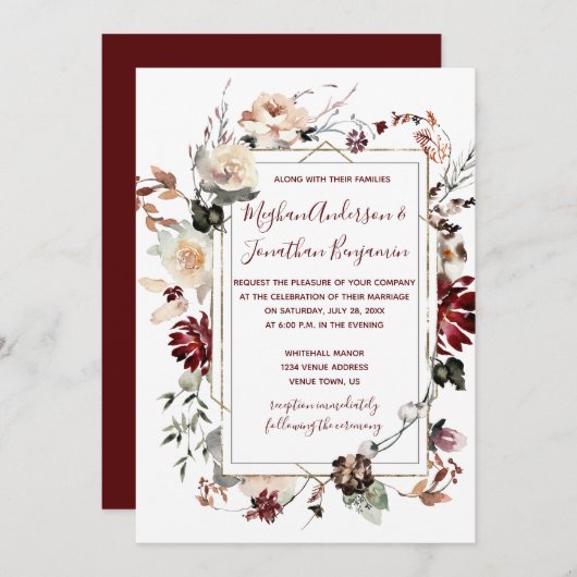 冬の開花金ゴールドフレーム – Burgundy 結婚 -'s | 招待状 (正面/裏面)