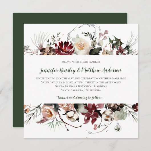 冬の開花 – ダークフォレストグリーン文字結婚ズ | 招待状 (正面/裏面)