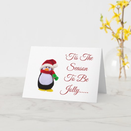 冬の間服を着る詰まったなおもちゃのペンギン カード (黄色い花)